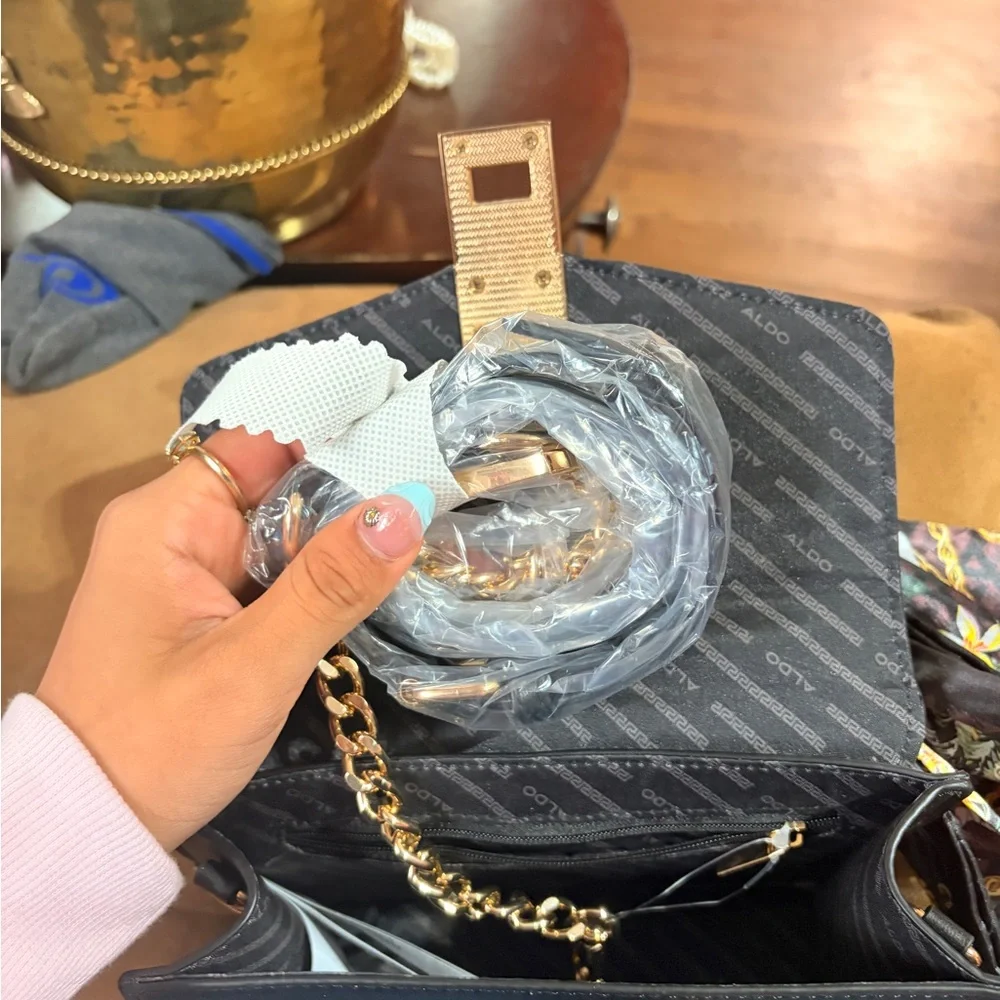 ALDO Black Quilted Top-Handle Women’s Bag with Decorative Scarf